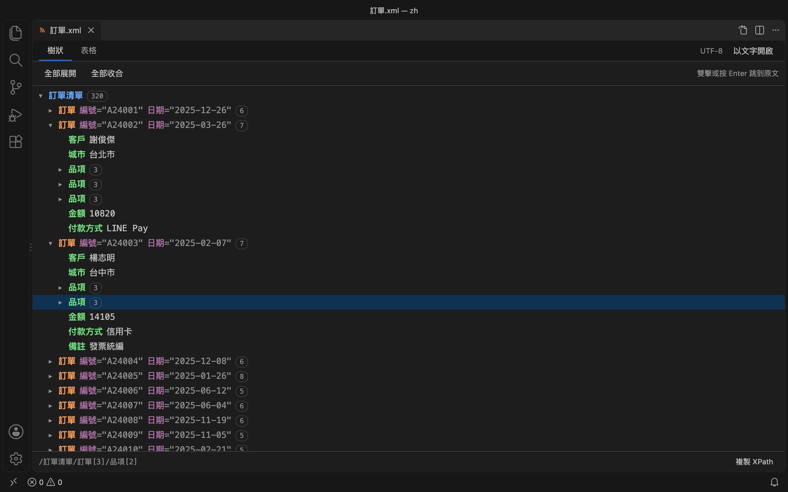 XML Data Toolkit 樹狀檢視：依層級上色，顯示屬性與子項目數量